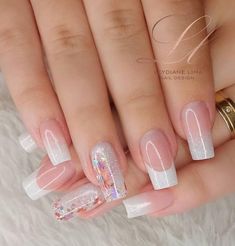 Clear Glitter Nails, Short Coffin Nails Designs, Acrylic Nails Nude, Natural Acrylic Nails, Red Acrylic Nails, French Manicure Nails, Work Nails