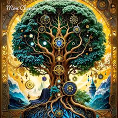 a painting of a tree with lots of clocks on it's face and roots