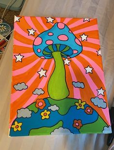 a painting on a table that has a mushroom on it