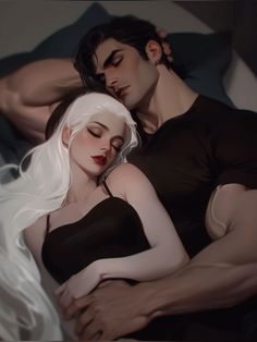 a man and woman laying in bed with their arms around each other's shoulders