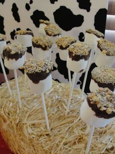 chocolate covered marshmallows sitting on top of straw in front of a cow