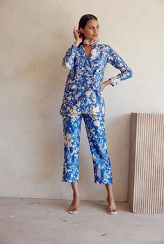 Meadow Set – kiska studios Anamika Khanna, Ritu Kumar, Handloom Fabric, Floral Print Pants, Straight Fit Pants, Pant Suit, Oversized Blazer, To Night, Blazer Buttons