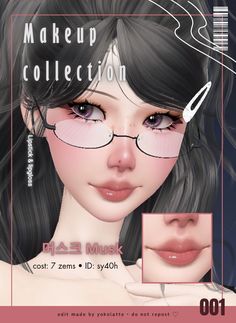 an advertisement for makeup collection featuring a woman's face with glasses and long black hair