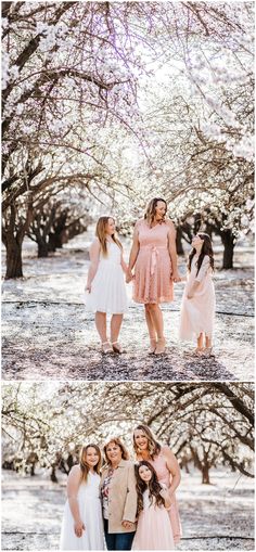 three girls standing in front of trees with their arms around each other and one girl holding the