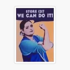 a woman holding up a sign that says store lizi we can do it sticker