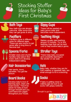 the christmas stocking stuff list for baby's first christmass is shown in red, green and blue