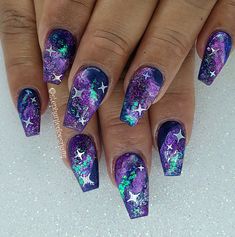 Rainbow Galaxy Nails, Lavender Quince Nails, Galaxy Nails Acrylic, Nail Art Designs Purple, Purple Galaxy Nails, Mystic Nails, Cosmic Nails, Flared Nails, Lavender Quince