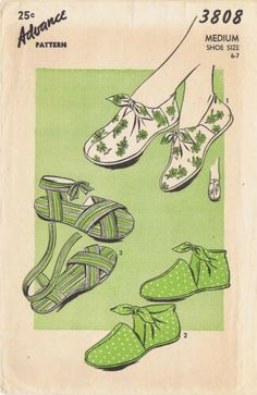 1940s TIE-ON SHOES, SANDALS, SLIPPERS - COPY of Advance 3808, Shoe Size 6-7 | eBay Homemade Shoes, 1940s Shoes, Advance Patterns, Simplicity Patterns Dresses, Fabric Sewing Patterns, Pattern Shoes, Unique Ties, Slippers Pattern, Motif Vintage