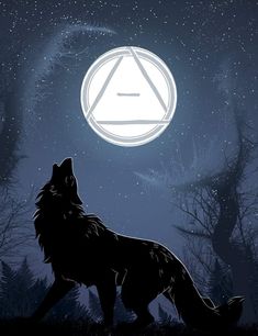 a wolf standing in front of a full moon