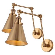 two light wall lamp with brass finish and gold shades on the arm, one is turned off