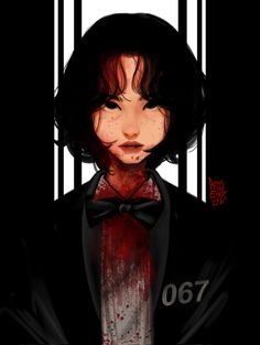 a drawing of a person in a suit and tie with blood on his face, behind bars