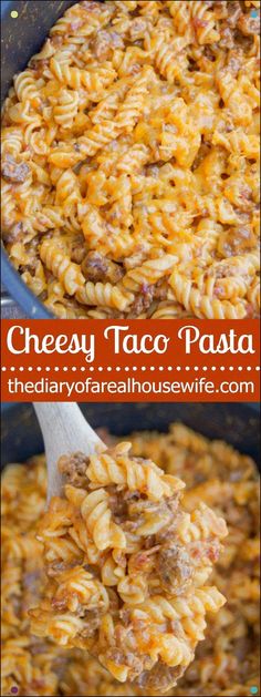 cheesy taco pasta in a skillet with a wooden spoon and text overlay that reads cheesy taco pasta