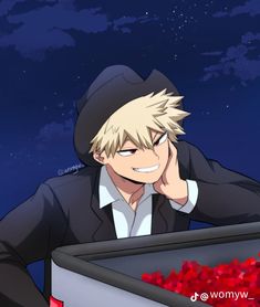 an anime character sitting at a table with red flowers in front of him and his hand on his face