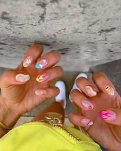 Music festival nails with bright colors, smileys, flames & stars Cool Rave Nails, Simple Summer Nail Art 2024, Nails For Festival Summer, Almond Festival Nails, Rave Festival Nails, Crazy Cool Nail Designs, Crazy Color Nails, Coachella 2024 Nails, Nails For Music Festival