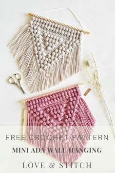 the free crochet pattern for mini and hanging love & stitch wall hangings