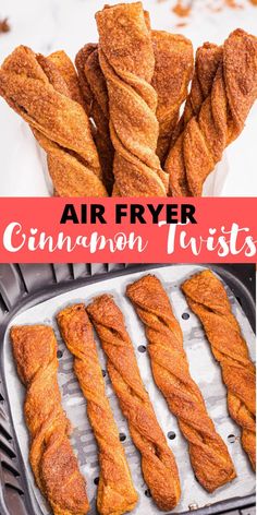 an air fryer with cinnamon twists in it and the words, air fryer cinnamon twists