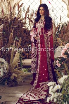 Pakistani Embroidered Royal Red Party Dress has very intricate embroidery on royal red organza. Embellished by fine sequins, crystals, sparkling crystals and gota making it an elite party wear. Shirt: The delicately Embroidered Red Organza Shirt of this Pakistani Embroidered Royal Party Dress is embellished by fine sequins, sparkling crystals and glistening gota. Trouser: When this Red Royal Party Wear is paired with a beautiful raw silk trouser it enhances the overall look because of its textur Red Party Dress, Pakistani Designer Suits, Pakistani Salwar Kameez, Festive Collection, Red Party, Pakistani Bridal Dresses, Salwar Kameez Designs, Pakistani Designers, Royal Red