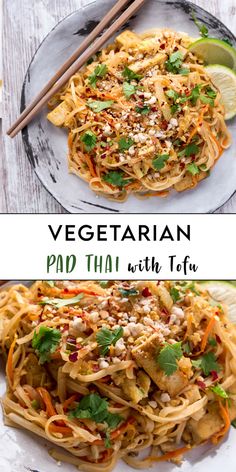 vegetarian pad thai noodles with tofu, carrots and cilantro on a plate