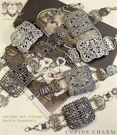 Vintage bracelets ~~ made from old shoe buckles. Repurpose Bracelets Ideas, Belt Buckle Jewelry, Altered Art Jewelry, Shoe Buckle, Vintage Shoe, Vintage Assemblage