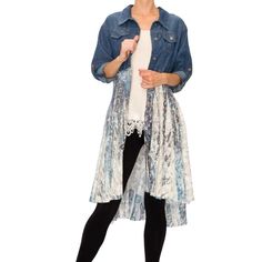 This Origami Duster Is A Perfect Blend Chic And Trendy With A Touch Of Western And Bohemian , Featuring A Mix Of Denim And Floral Lace With Roll Tab Sleeves And A Collared Neckline. It Has A Button Closure, Frayed Detailing, Two Front Pockets And An Asymmetrical Hemline. Comes New With Tags In Size S/M. It Is Ideal For Different Occasional With Its Versatile Style. The Top Denim Portion Of The Duster Is Made Of 100% Cotton And The Bottom Lace Layer Of 90% Nylon And 10% Spandex, The Lace Layer Ha Blue Dresses For Spring Layering, Origami Jacket, Recycle Things, Elegant Fashion Style, Lace Duster, Clothing Upcycle, Upcycle Ideas, Lace Layers, Navy Purple