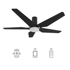 a black ceiling fan with three remote controls on each side and an appliance