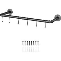 a metal rack with hooks and screws on it