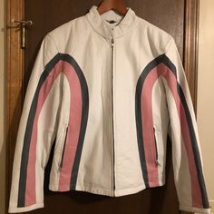 In Excellent Condition. White Authentic Leather With Pink And Grey Accent Size Extra Large. No Defects Or Stains. White Retro Leather Jacket With Long Sleeves, Spring Long Sleeve Pink Leather Jacket, Pink Fitted Leather Jacket, Casual Pink Leather Jacket With Zipper Closure, Fitted Pink Leather Outerwear, Pink Leather Jacket, Chic Leather, Pink Leather, Pink Grey