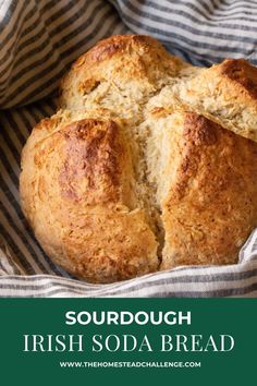 sourdough irish soda bread in a basket with text overlay that reads sourdough irish soda bread