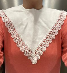 "Gorgeous white eyelet lace trimmed dickie collar in cotton, lined in linen. Comes to a point in the center, has scalloped edges, and buttons at the back. Looks cute with just about any color top or dress! Mint condition. Perfect! One Size. Measures 10.75\" at the longest point and about 5.75\" long throughout the rest of the collar. Please contact for additional item information and / or photos. Thank you for looking" White Fitted Peter Pan Collar, Vintage Doll Collar Detachable Collars, Vintage Detachable Doll Collar, White Lace Collar For Spring, Elegant White Lace Collar, White Lace Peter Pan Collar, Dickie Collar, Dress Mint, Union Made