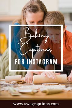 mom and son baking with the words baking options for instagramm overlaying them