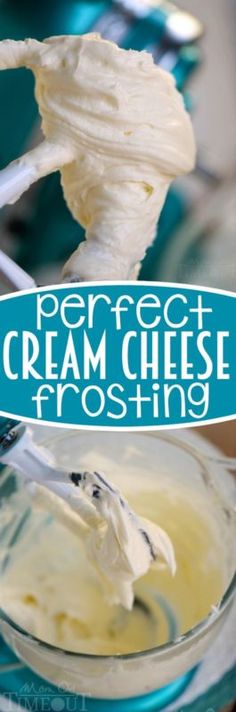 a bowl filled with cream sitting on top of a table next to a blue sign that says perfect cream cheese frosting