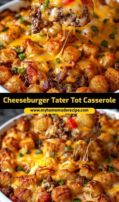 cheeseburger tater tot casserole is being lifted by a spatula