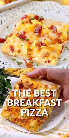 the best breakfast pizza is on a white plate