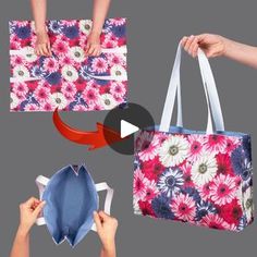 two images show how to fold an origami shopping bag and the same pattern