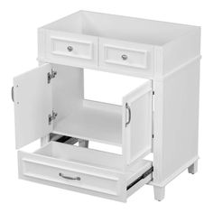 a white cabinet with two drawers and one door open