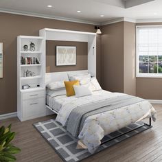 a bed room with a neatly made bed and a book shelf on the wall above it