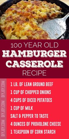 the recipe for hamburger casserole is shown in red and white, with instructions on how to make it