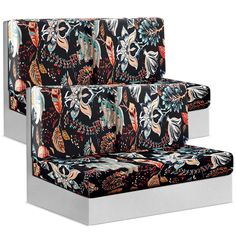 an artisticly designed set of seats with floral designs on black and white fabric, both facing each other