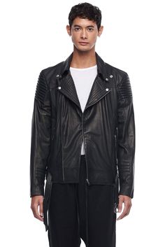 JONNY COTA mens-outerwear S / black MOTORCYCLE JACKET Black Leather Biker Jacket With Double-needle Sleeve For Winter, Black Leather Biker Jacket For Winter, Biker Style Leather Jacket For Motorcycling, Removable Collar, Moto Style, Leather Cleaning, Stretch Satin, Mens Outerwear, Lambskin Leather