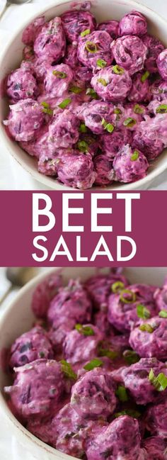 beet salad in a white bowl with text overlay