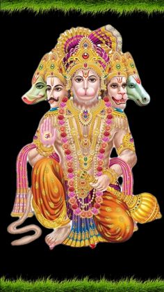 an image of hindu god sitting on the ground with two other deities in front of him