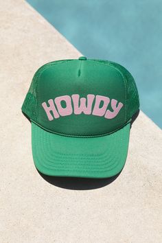 Classic Howdy trucker hat. Screen printed "Howdy" art on the front foam panel. High crown fit with adjustable snapback closure. Features- Puff "Howdy" Screenprint- Adjustable Fit- High Crown Mesh Trucker Content + Care- 100% Polyester Front; 100% Polyester Mesh Back- Spot clean- Domestic Howdy Hat, Kinds Of Hats, Foam Panels, Blue Khakis, Kelly Green, Trucker Hats, Trucker Hat, Screen Printing, Black Pink