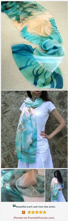 Hand painted turquoise silk scarf with leaves. Mint peach blue batik scarf #hand_painted_scarves #batik_scarf #turquoise_silk_scarf #trees_silk_scarf #gifts_for_mother #painted_silk #long_silk_scarf Hand Painted Blue Silk Scarf For Summer, Elegant Blue Hand Painted Scarves, Bohemian Blue Hand Painted Silk Scarf, Hand Painted Green Silk Scarf, Artistic Green Silk Scarf, Batik Scarf, Valentine Gift For Wife, Long Silk Scarf, Blue Hand-dyed Silk Scarf For Summer