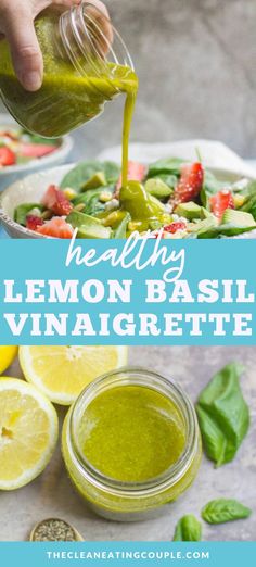 lemon basil vinaigrette is being poured into a bowl