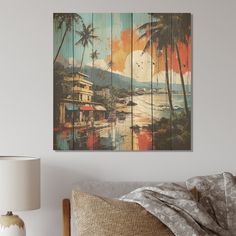 a bedroom with a bed, nightstand and painting on the wall above it that has palm trees