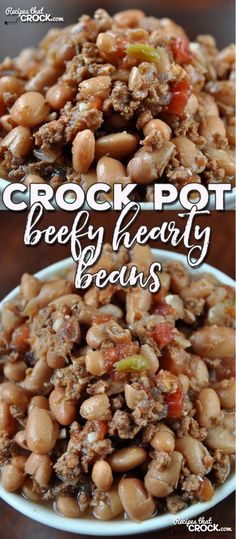 crock pot beef and hearty beans recipe in a white bowl on a wooden table