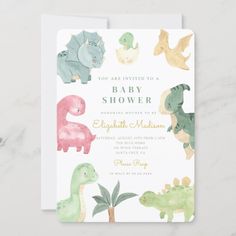 a baby shower card with dinosaurs and plants on it's front, featuring the words you are entering to a baby shower