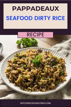 Seafood Dirty Rice in a bowl on a wooden table