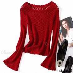 Olivia Mark - Round Neck Bell Sleeve Sexy Sheer Hollow Out Knitted Top Red S, Cotton Long Sleeve Shirt, Knitted Top, Sleeveless Tank Top, Sleeveless Tank, Flared Sleeves, Bell Sleeve, Types Of Collars, Knit Top