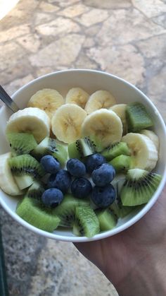 a person holding a bowl of fruit with kiwis, bananas and blueberries